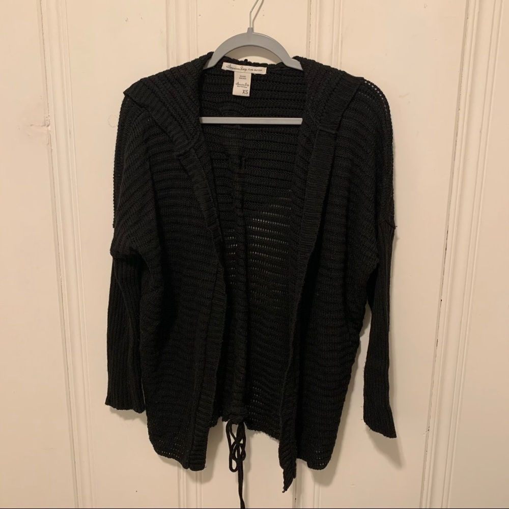⭐️ American Rag Black Ribbed Knit Hooded Lightweight Open Cardigan XSmall EUC